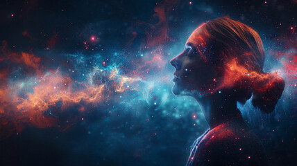 Silhouette of a woman with her profile merging into a cosmic scene of colorful galaxies and nebulae, evoking a sense of wonder, exploration, and connection to the universe