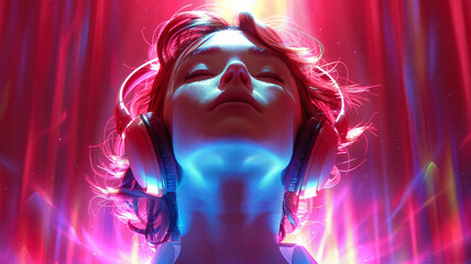 Close-up of a young woman wearing headphones with her head tilted back, eyes closed, surrounded by vivid red and blue lights, creating an immersive and euphoric atmosphere