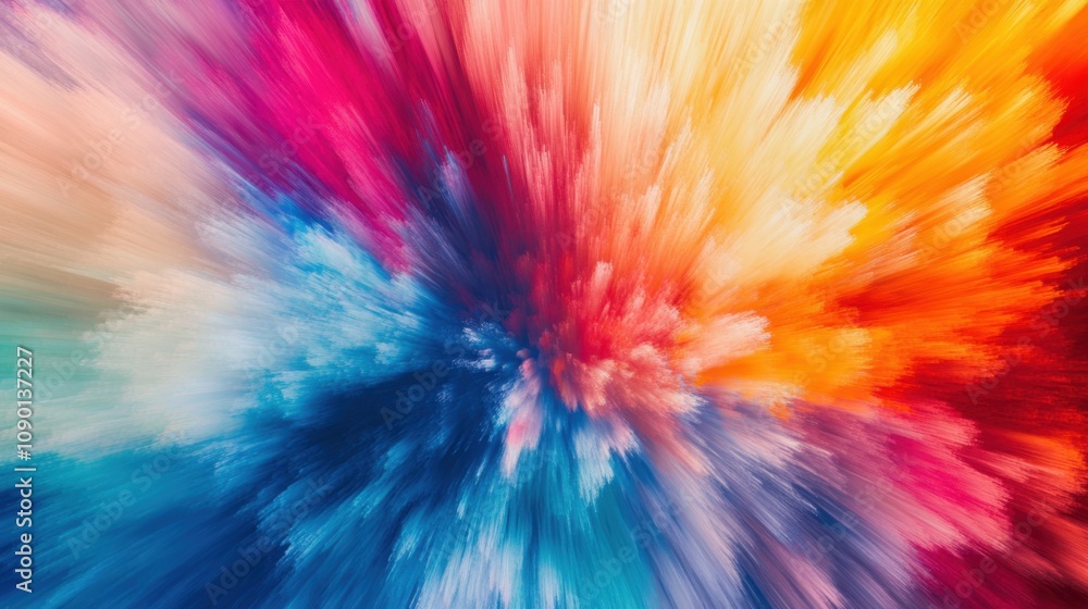 Poster a vibrant burst of colors radiating from a central point, representing the dynamic energy and expans