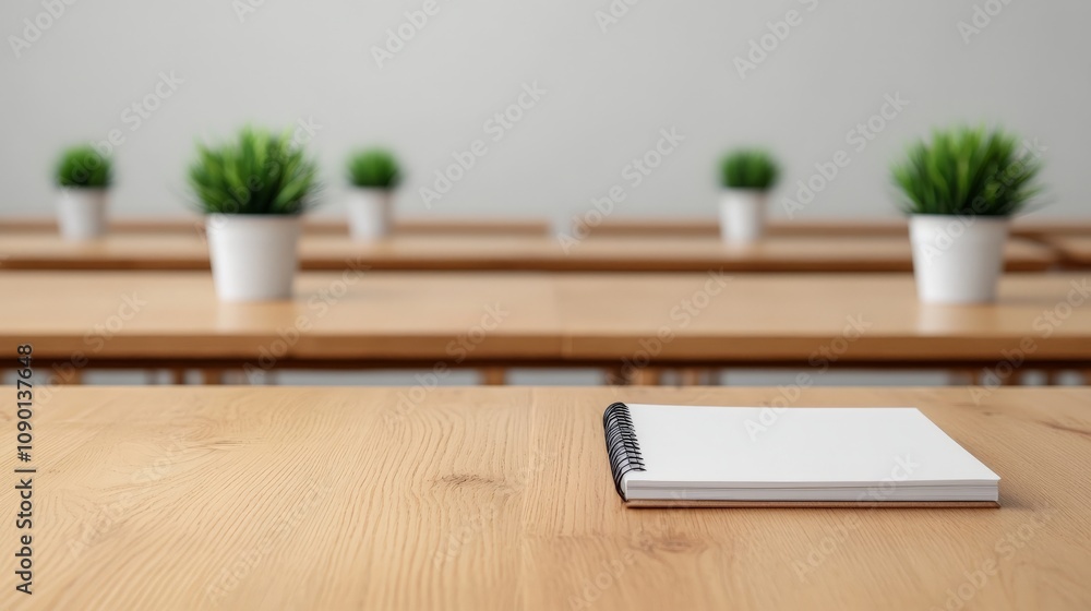 Poster empty classroom desk with notebook and pen