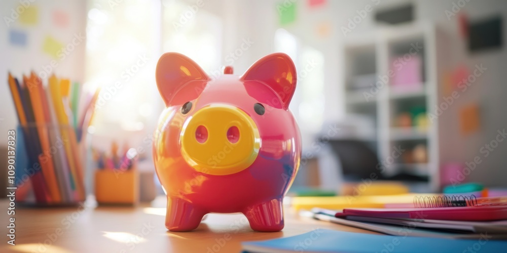 Aufkleber a colorful piggy bank on a desk surrounded by stationery and notes, symbolizing saving.