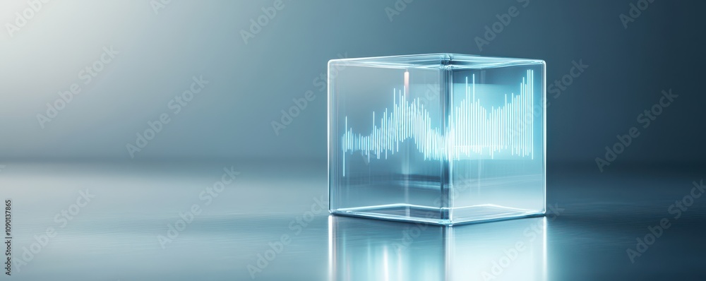 Poster a crystal cube with a digital sound wave pattern inside.