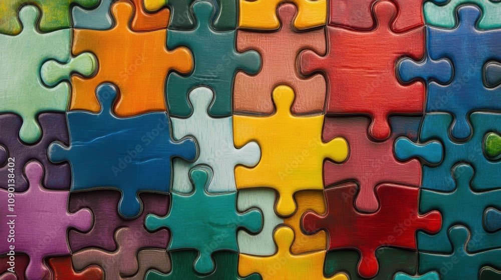 Poster A vibrant mosaic of interlocking puzzle pieces in diverse colors and patterns, Symbolizing the unity and integration of diverse identities, photography style