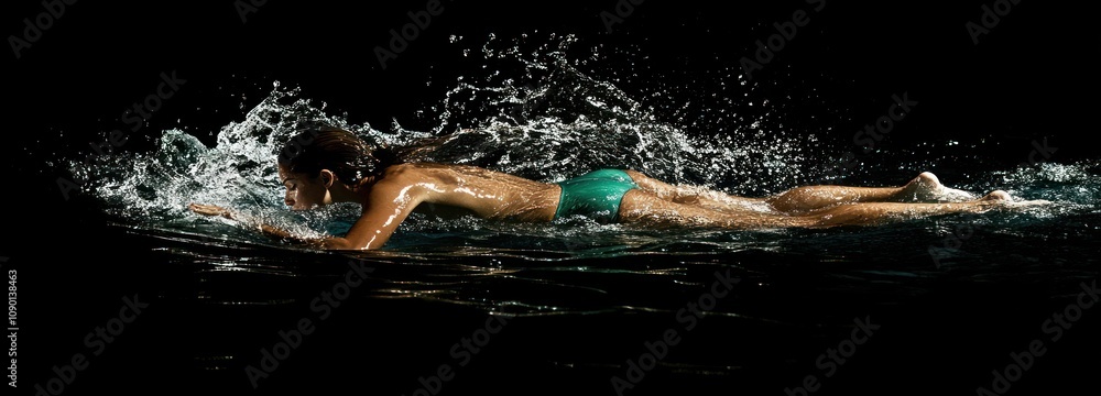 Poster A swimmer glides through water, creating splashes in a dynamic underwater scene.