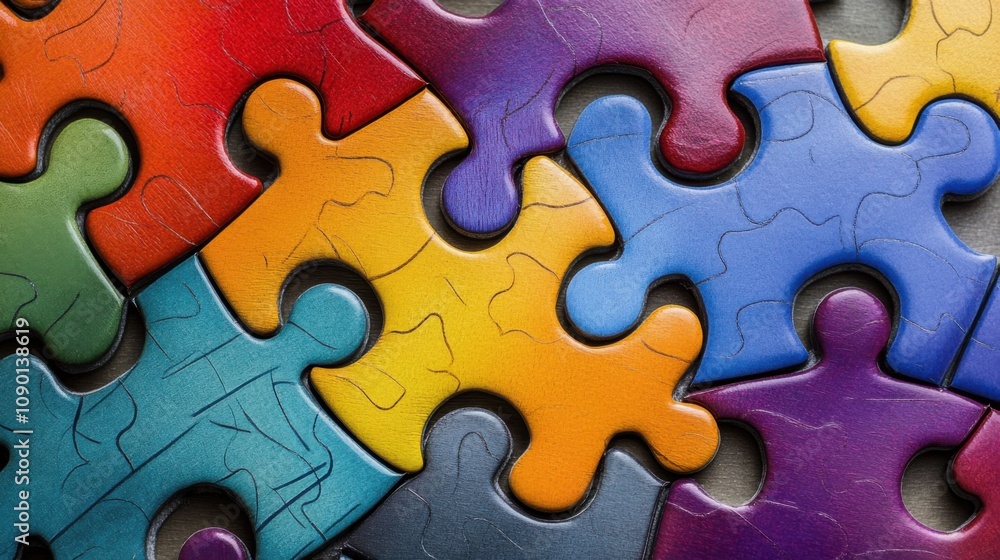 Aufkleber A vibrant mosaic of interlocking puzzle pieces in diverse colors and patterns, Symbolizing the unity and integration of diverse identities, photography style
