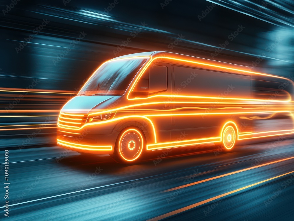 Poster a futuristic bus in motion with glowing neon lines.