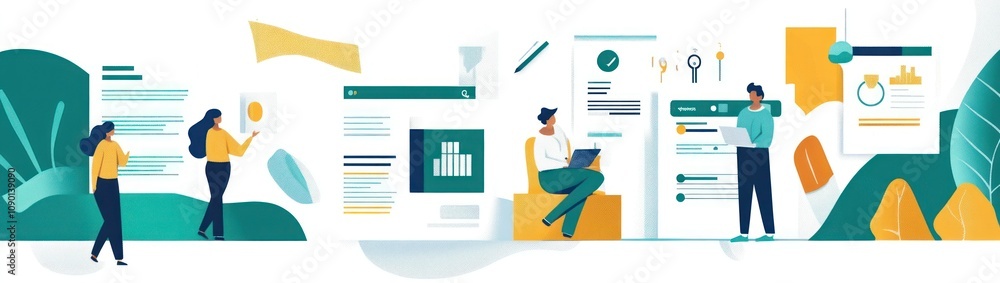 Aufkleber a colorful illustration depicting people engaged in various tasks related to data and analysis.