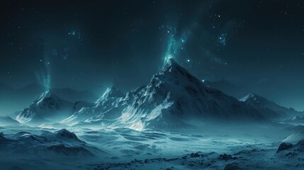 Ethereal snowy mountains under a starry night sky.