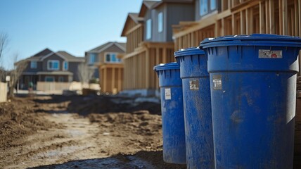 Fototapeta premium Next to a house that is still under construction are garbage cans.