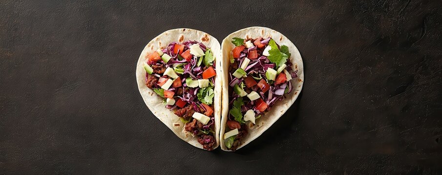 Heart Shaped Tacos with Ground Beef  Red Cabbage  Tomato  Avocado   Cheese - Powered by Adobe