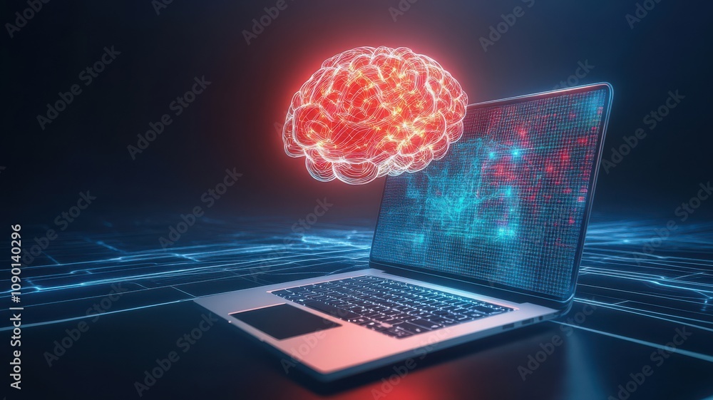 Poster a laptop with a glowing brain symbolizing artificial intelligence.