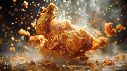 Crispy fried chicken splashing with golden, crunchy texture.