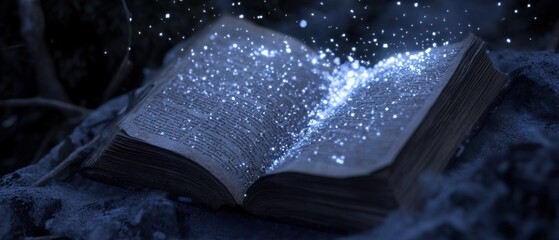 Pages of wonder Concept. An enchanted book opens, releasing a shimmering glow of magical particles in a mystical setting.