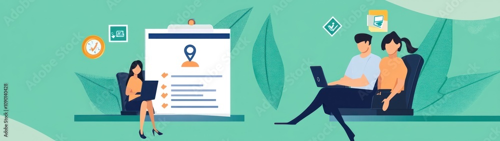 Aufkleber illustration of remote work with people using laptops and a checklist.