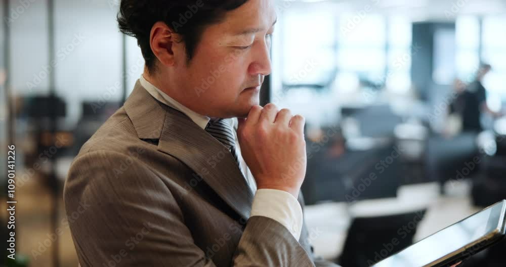 Poster thinking, businessman and tablet for scroll, news and app in office for communication or networking.