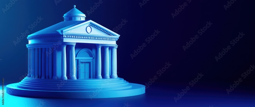 Poster A blue 3D model of a classical building with columns, symbolizing architecture and design.