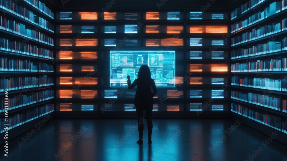 Poster a person interacts with a digital display in a modern library.