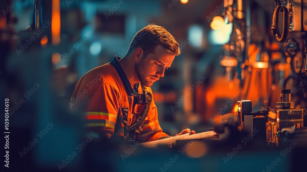 Poster a focused worker examines plans in a dimly lit industrial environment.