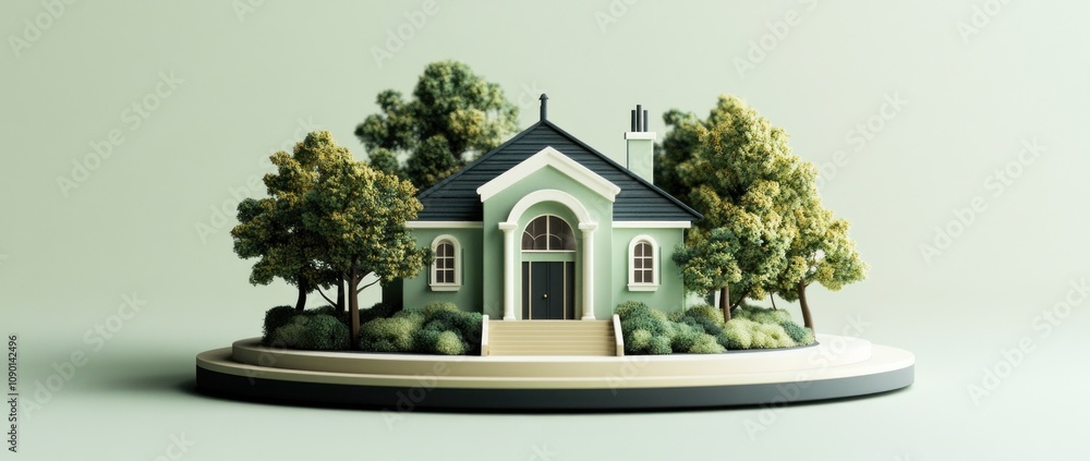 Poster a stylized house surrounded by trees and greenery on a circular base.