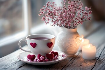 Fototapeta premium A charming cup of tea adorned with hearts sits beside a glowing candle, creating a romantic ambiance perfect for Valentine's Day celebrations.