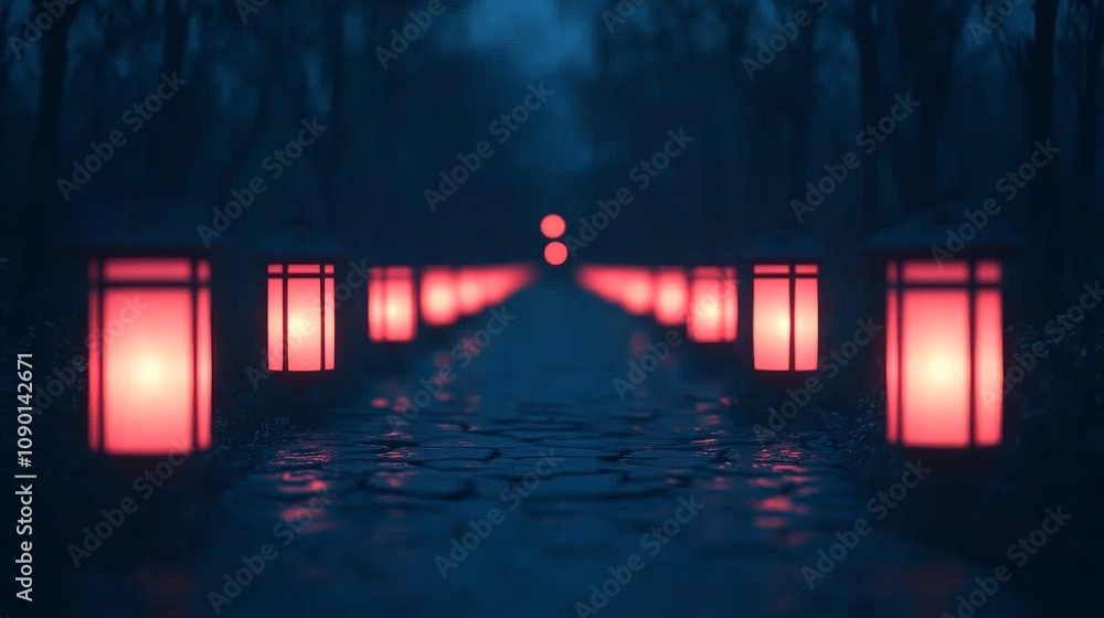 Poster enchanted lantern path: a mesmerizing digital art piece depicting a pathway lined with glowing red l