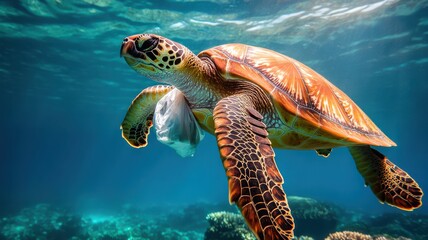 Fototapeta premium A sea turtle gracefully swims among coral reefs in clear water.