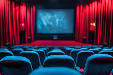 Fototapeta premium A modern movie theater with blue seats and a glowing screen showing a film creating a captivating cinematic experience in dim lighting 