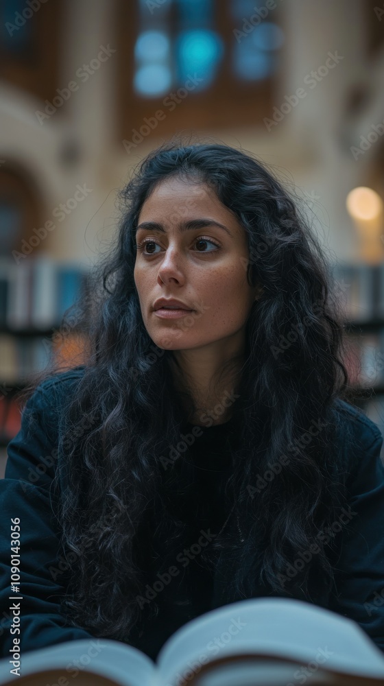 Poster a contemplative individual in a library setting, surrounded by books.