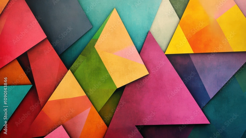 Poster An abstract collage of fragmented triangles in a spectrum of colors, Representing the diverse facets of inclusion and equity coming together, photography style