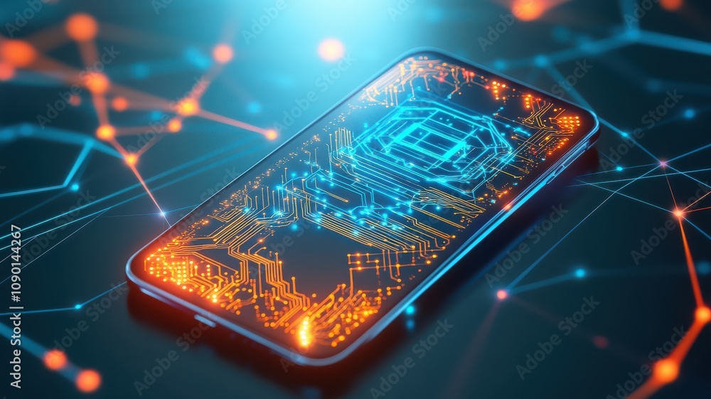Aufkleber a smartphone displaying digital circuit patterns and technology.
