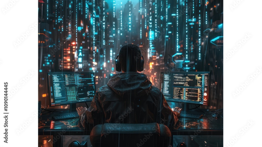 Poster a person in a hoodie working with dual monitors in a digital environment.