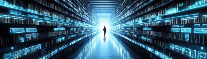 Fototapeta premium A solitary figure walking through a futuristic digital corridor.
