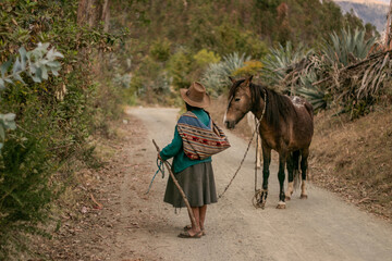 Peasant women in polleras walking along the road pulling their horses 