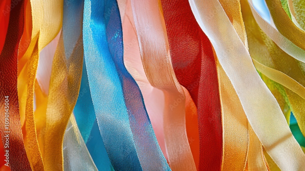 Aufkleber An abstract depiction of cascading ribbons of different colors and textures creating a layered effect, Reflecting the complex and layered nature of inclusive environments, photography style