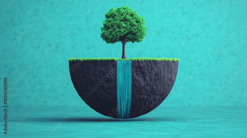 Poster floating island with waterfall: a surreal and captivating image of a miniature island floating in mi