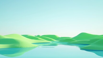 Obraz premium Serene nature landscape tranquil water body digital art green hills aerial view calmness and beauty in nature