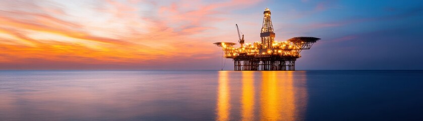 Obraz premium A stunning offshore oil rig illuminated at sunset on calm waters.