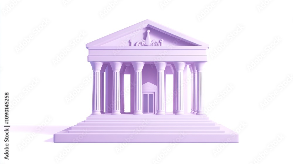 Poster a stylized purple building resembling a classical temple with columns and steps.