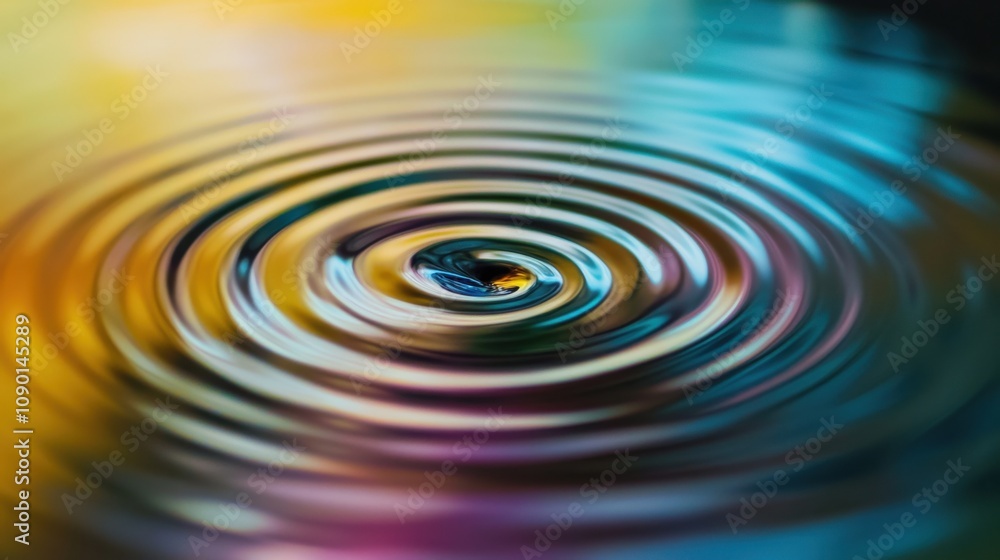 Poster An abstract depiction of concentric waves in a spectrum of colors expanding outward, Representing the ripple effect of inclusive practices and their impact on broader communities, photography style