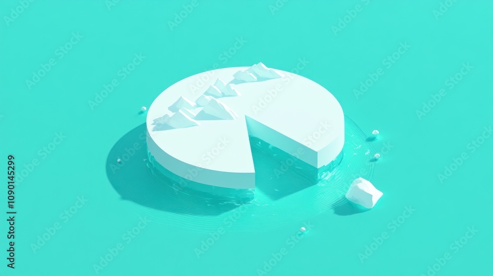 Poster a stylized pie chart with a slice removed, floating on a turquoise background.