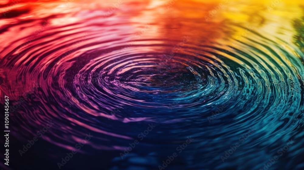 Poster an abstract depiction of concentric waves in shifting hues radiating outward, symbolizing the expand