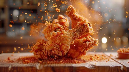 Crispy fried chicken with spices, creating a dynamic food scene.
