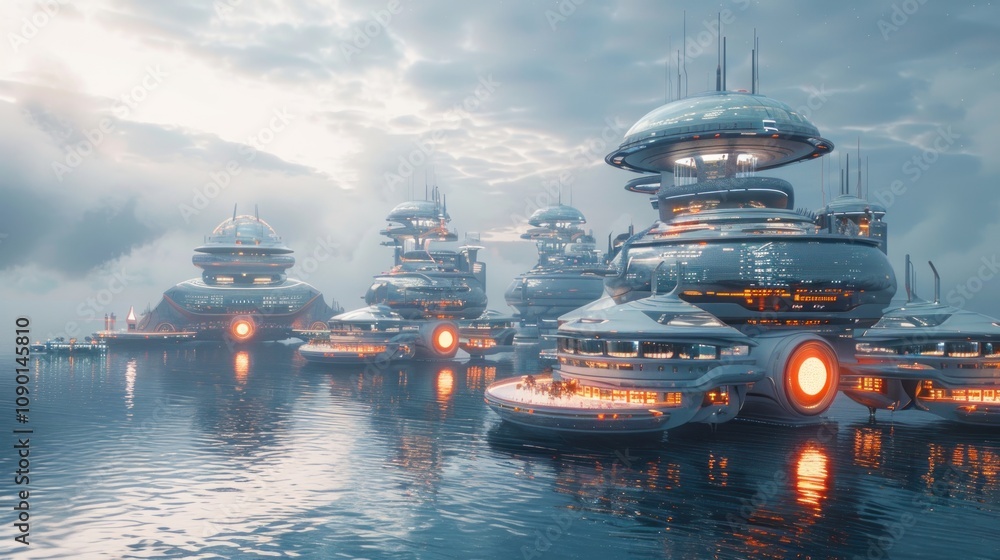 Poster futuristic cityscape with floating structures over water.