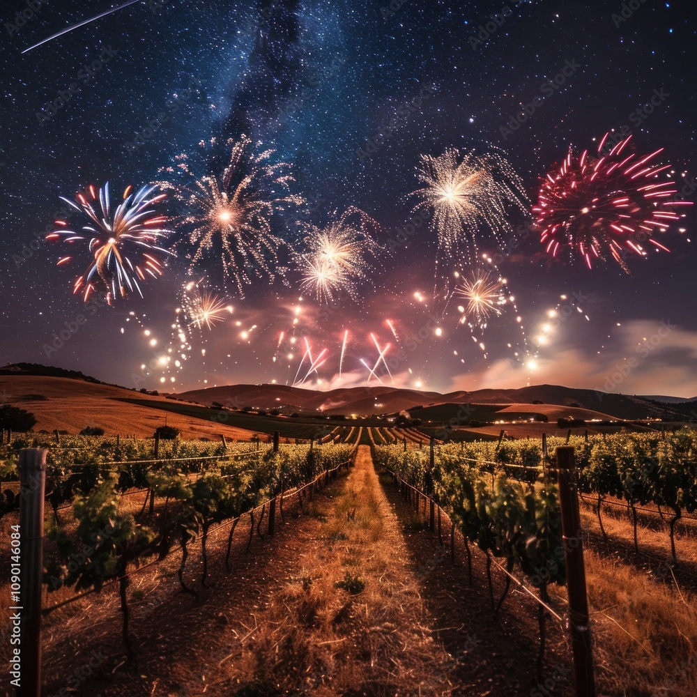 Poster a breathtaking view of fireworks exploding over a vineyard at night with the milky way in the backgr