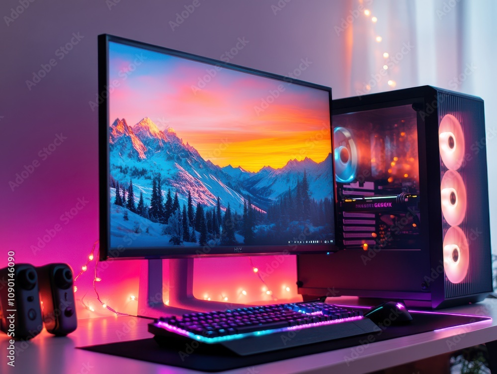 Poster a vibrant gaming setup with a colorful monitor and pc.