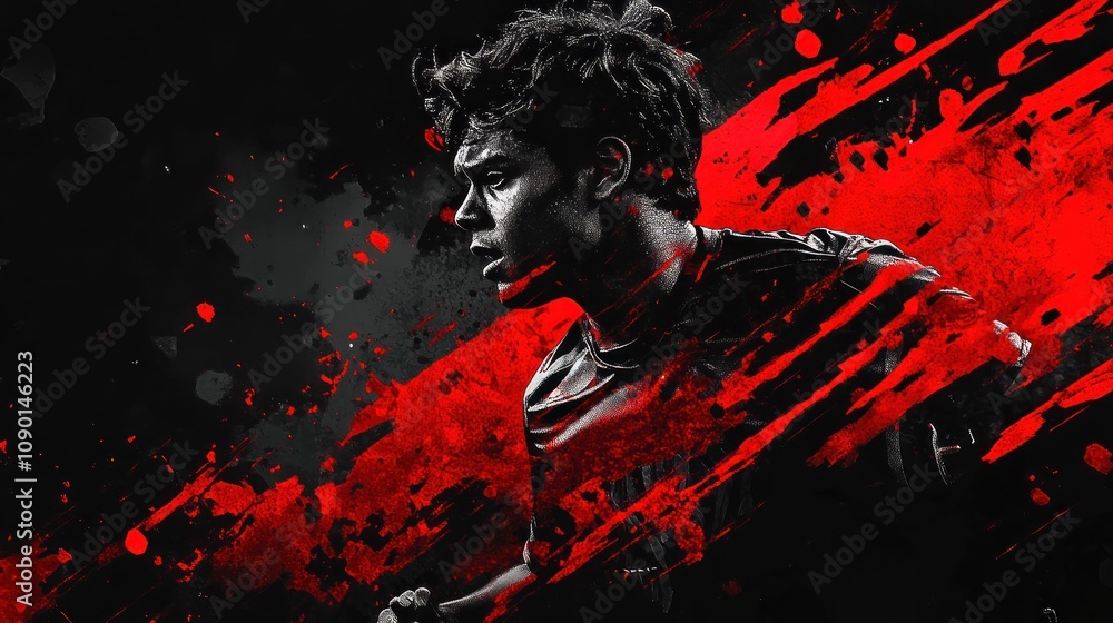 Poster a dynamic sports-themed artwork featuring a player in action against a dramatic red backdrop.