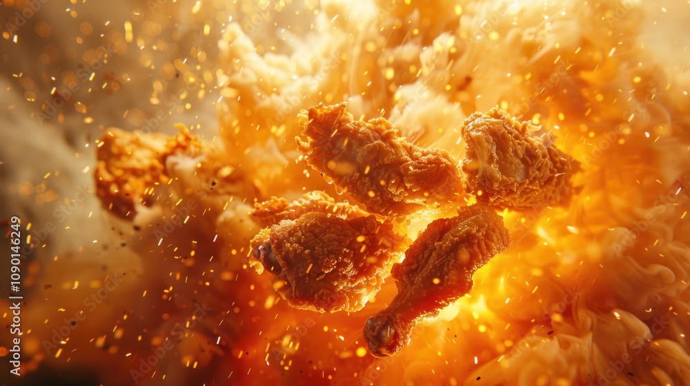 Poster Fried chicken pieces exploding in a fiery backdrop.