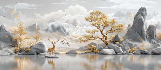 Serene Golden Deer in Misty Mountain Lake
