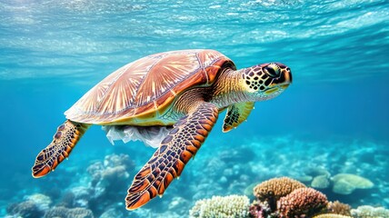 Fototapeta premium A vibrant turtle swimming gracefully through clear ocean waters.