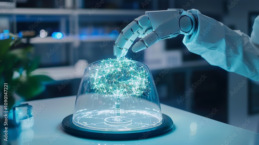 Poster robotic hand interacting with digital tree model modern lab science high-tech environment futuristic